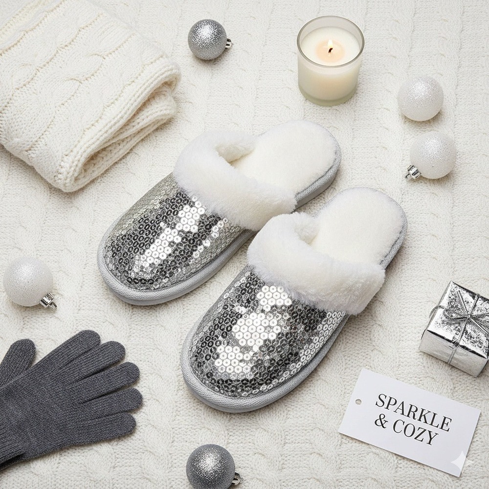 Kids‎ Silver Sequin Slippers Fuzzy Cozy House Shoes Sparkly Girls